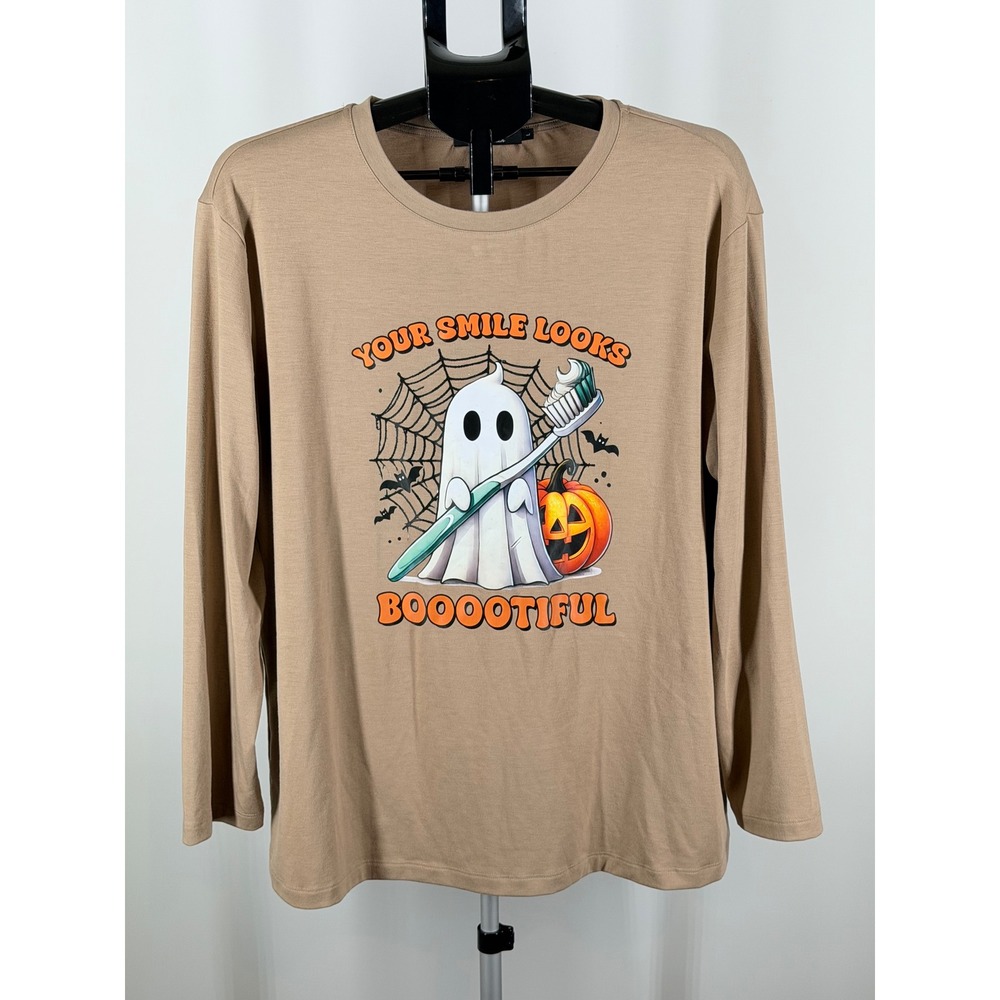 Trendy Queen Halloween Ghost Dental Graphic Tee Tan Long Sleeve Large